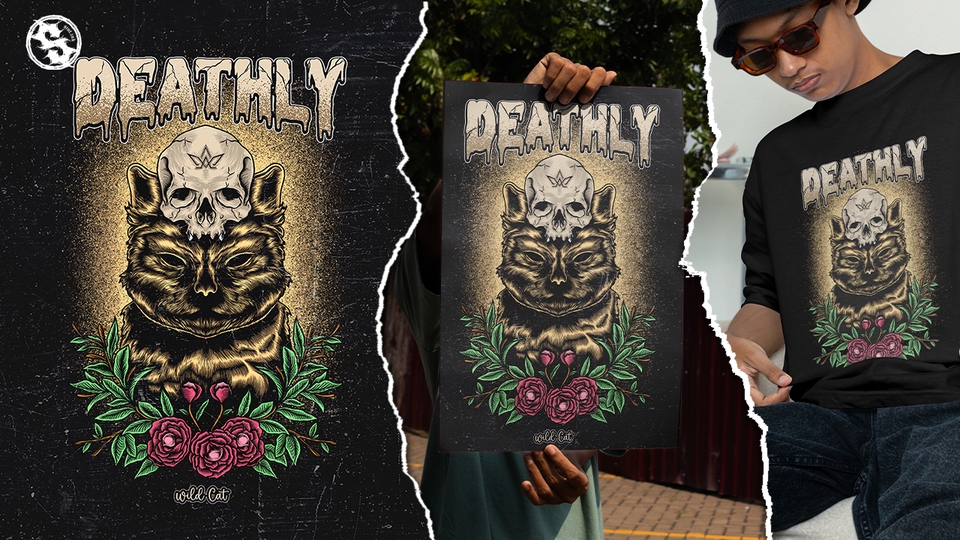 Ilustrasi kucing dengan kepala tengkorak, desain grafis hewan, jasa desain ilustrasi, gambar hewan, ilustrasi, jasa pembuatan vector, gambar ilustrasi hewan, gambar ilustrasi kucing