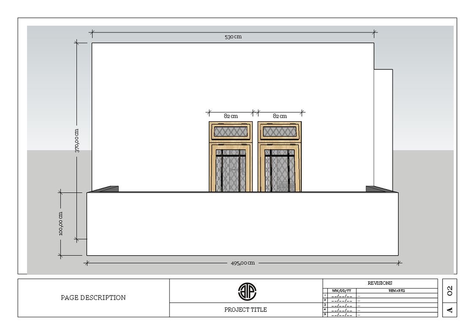 Jasa desain exterior 3d untuk ruko minimalis dengan desain pintu yang unik.