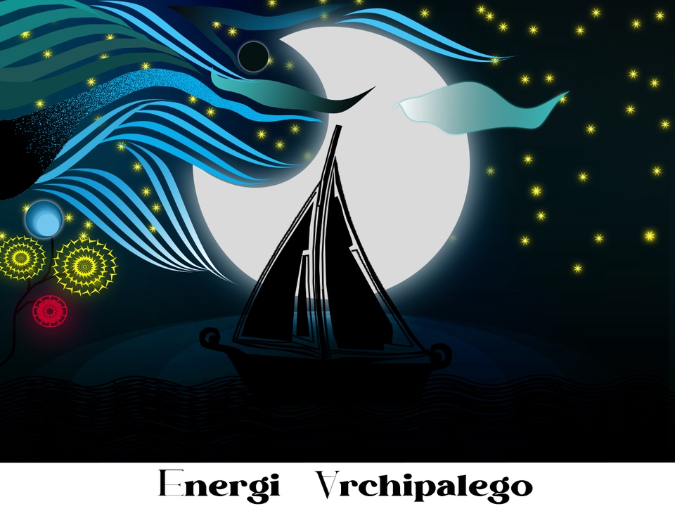 Ilustrasi kapal layar di bawah langit malam berbintang dengan bulan sabit dan awan, ilustrasi digital dengan gaya abstrak