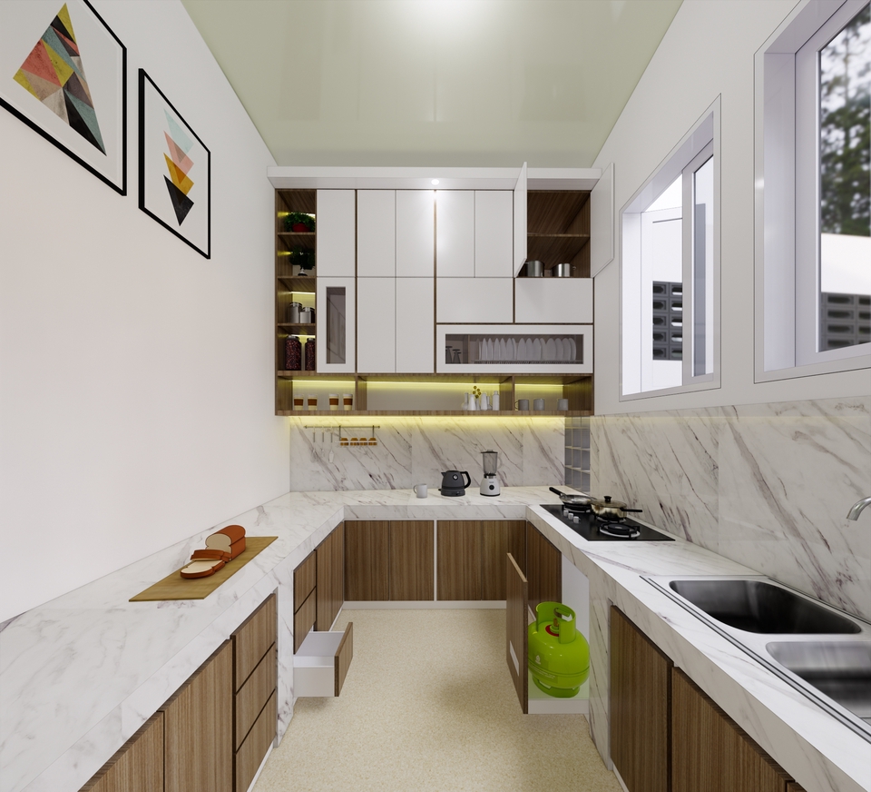 Desain interior dapur minimalis dengan warna putih dan kayu. Jasa desain interior, jasa arsitek rumah, desain interior rumah, desain dapur minimalis.