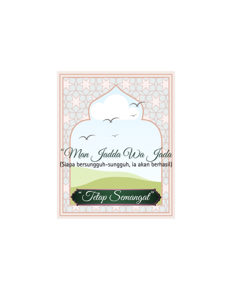 Desain banner Instagram islami dengan quote "Man Jadda Wa Jadda" dan tagline "Tetap Semangat" cocok untuk promosi website dan toko online