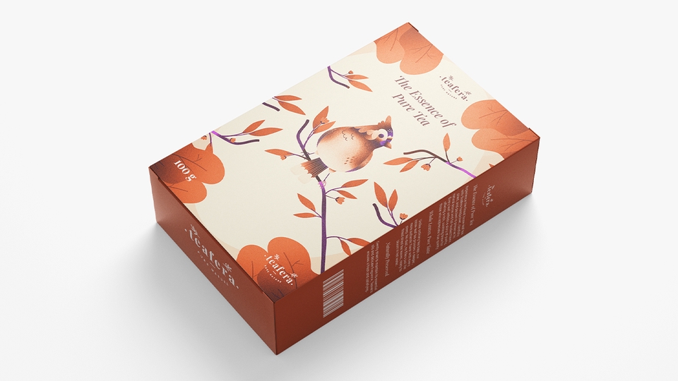 Desain Kemasan Unik untuk Produk Teh dengan Gambar Burung dan Daun