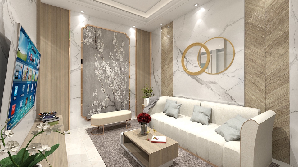 Jasa desain interior rumah minimalis dengan desain ruang tamu modern, desain 3D, dan render 3D.
