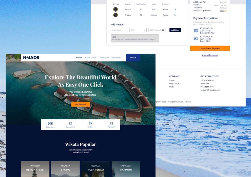 Desain UI UX untuk situs web perjalanan dengan tema keindahan alam Indonesia.  Jasa desain ui ux freelance untuk pengembangan aplikasi dan website.