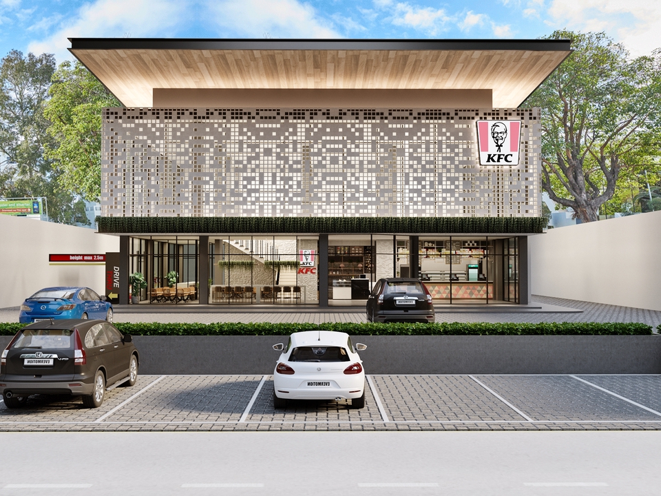 Jasa Desain Eksterior 3D KFC dengan model minimalis modern untuk toko makanan dan minuman.
