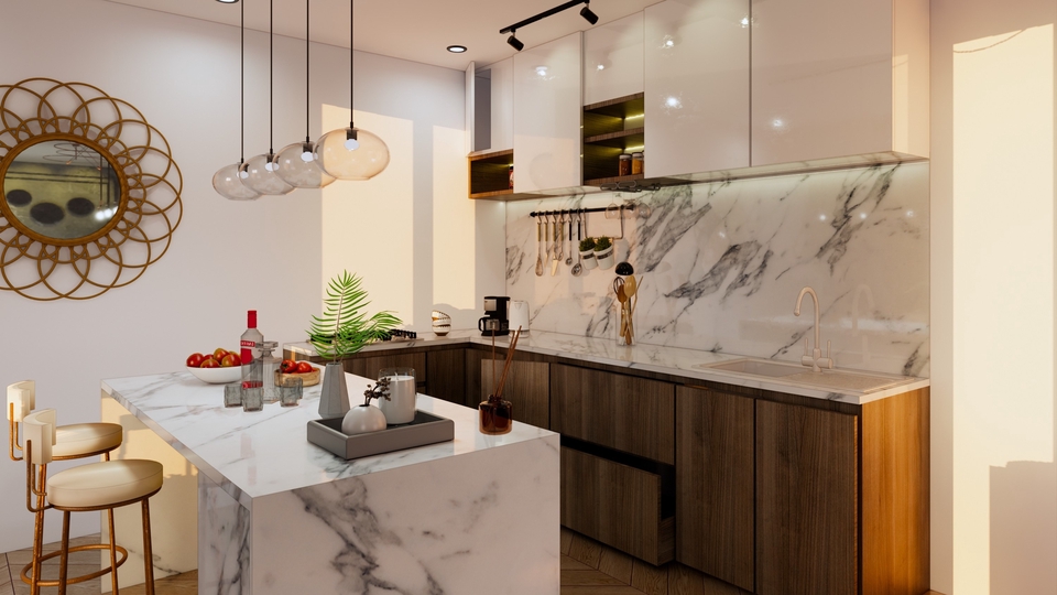 Desain interior dapur minimalis modern dengan kitchen set kayu dan island meja makan