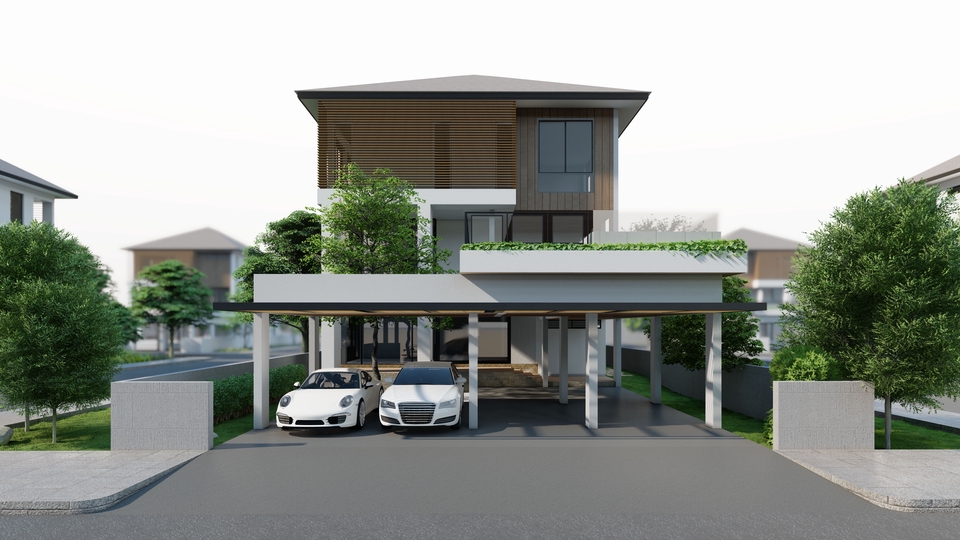 รับออกแบบบ้านพักอาศัย 2 ชั้น สไตล์โมเดิร์น พร้อมเฉลียงและสวนหย่อม
