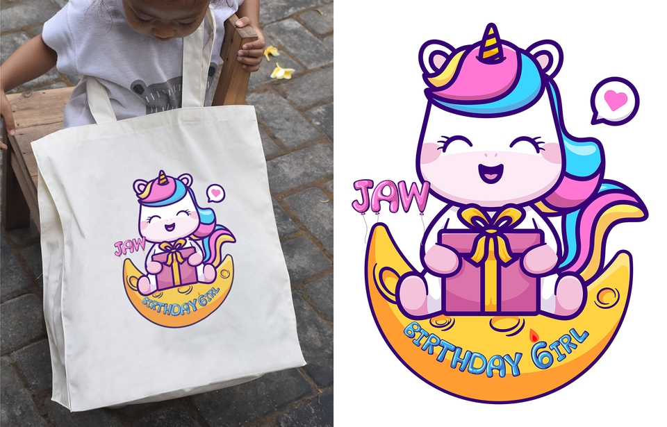 Desain kaos distro anak perempuan dengan tema unicorn lucu dan unik.
