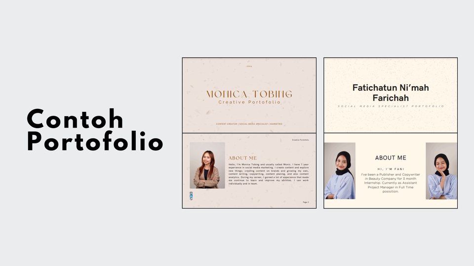 Contoh desain portofolio kreatif dengan foto profesional. Desain portofolio dengan desain elegan dan minimalis cocok untuk berbagai kebutuhan desain profesional.