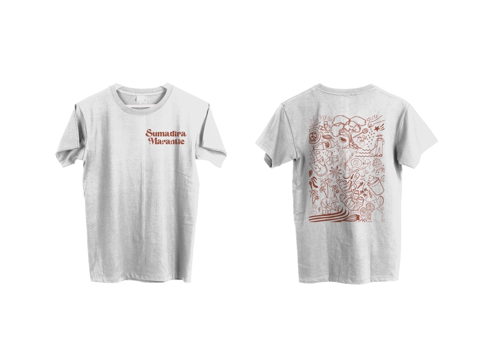 Desain kaos distro dengan tulisan "Sumatra Marante" di bagian depan, desain kaos dengan motif unik di bagian belakang.
