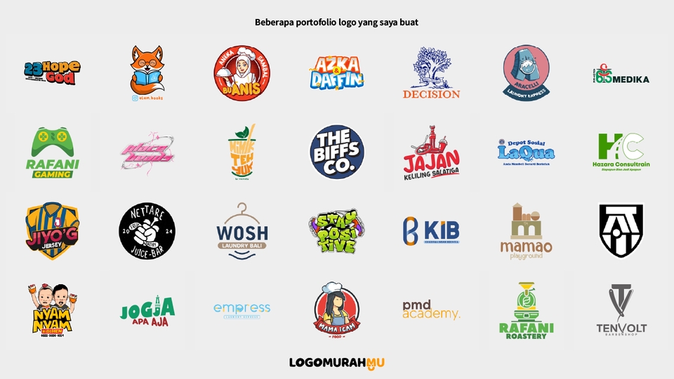 Jasa desain logo profesional, portofolio logo berbagai bidang seperti kuliner, komunitas, website, olahraga dan lainnya.