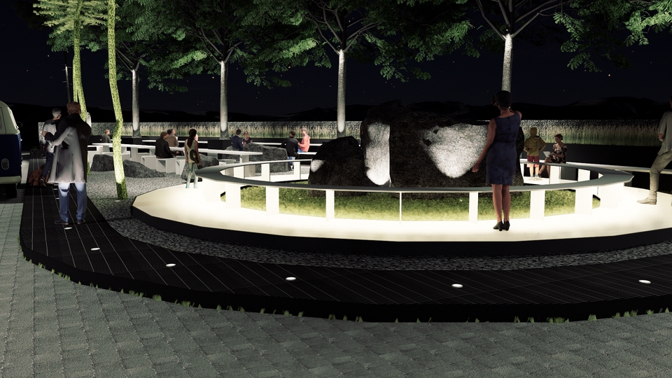 Jasa desain 3D untuk desain cafe minimalis dengan kolam air di tengahnya, cocok untuk inspirasi desain cafe anda.