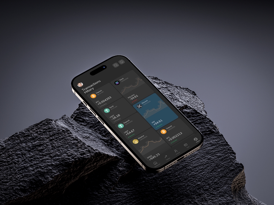 Desain UI UX untuk aplikasi mobile menampilkan riwayat transaksi dengan grafis dan statistik