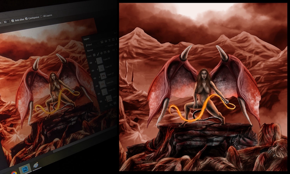 Ilustrasi digital seorang wanita bersayap dengan latar belakang merah.