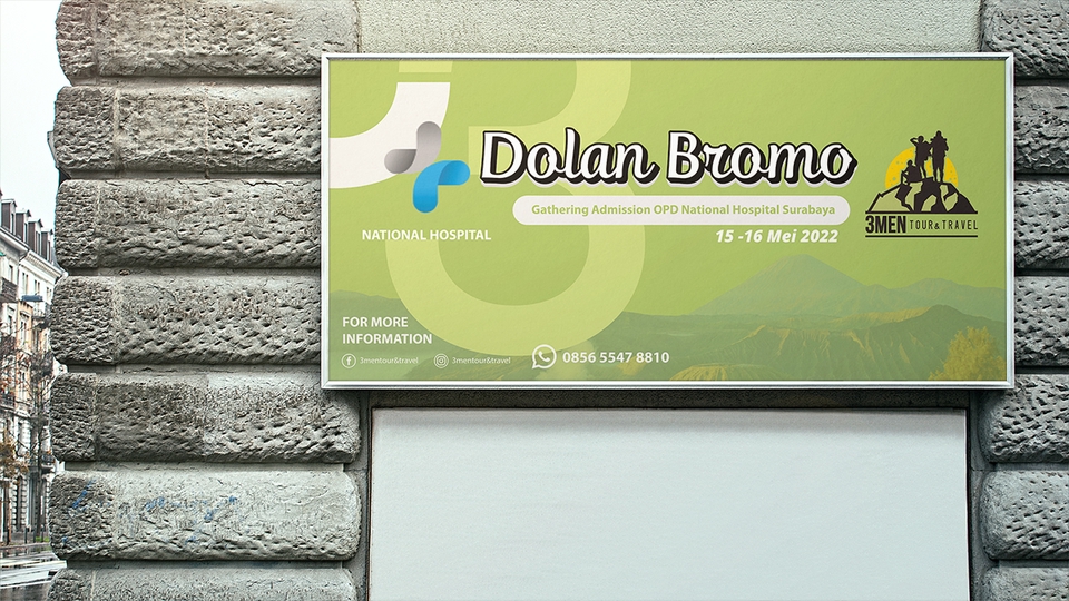 Spanduk acara Gathering Admission DPD National Hospital Surabaya dengan desain unik dan menarik dengan tema Dolan Brommo 15-16 Mei 2022.