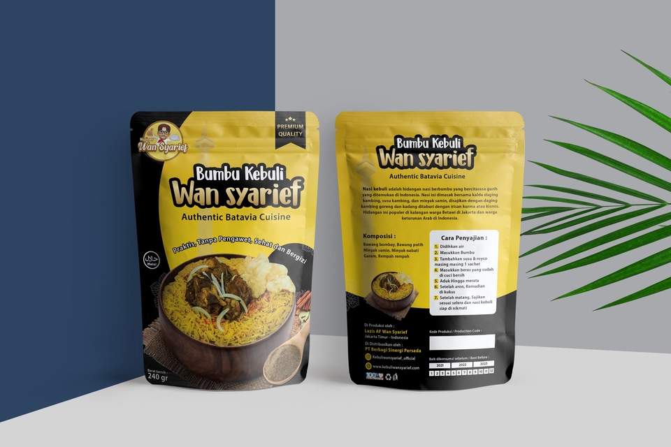 Jasa desain kemasan makanan unik untuk bumbu nasi "Bumbu Kebuli Wan Syarief" dengan desain box makanan premium.