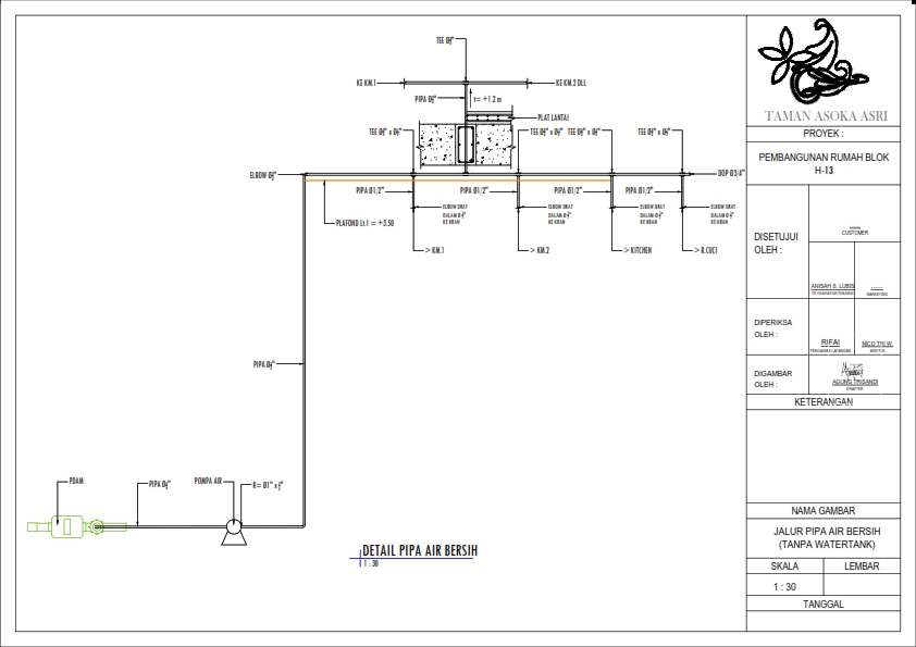 Jasa Drafter Autocad Murah, gambar detail pipa air bersih untuk proyek pembangunan rumah blok H-13 di Taman Ashoka Asri.