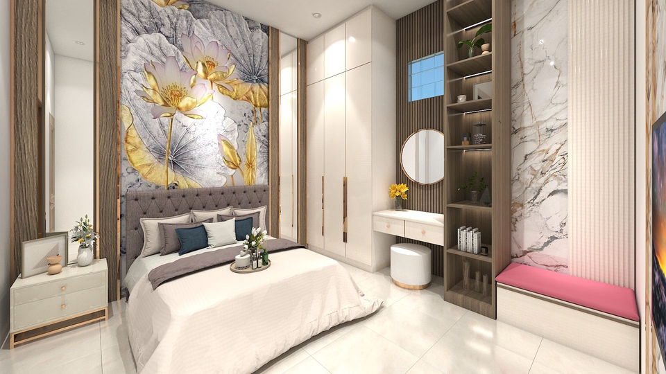 Jasa desain interior rumah minimalis dengan interior bedroom modern dan rak dinding minimalis.