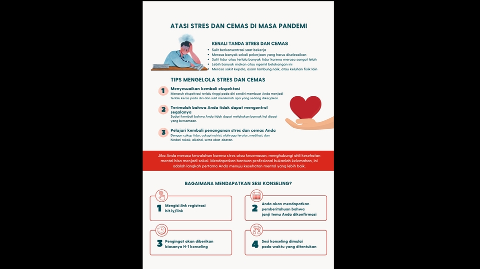 Infografis tentang cara mengatasi stres dan cemas di masa pandemi. Tips, kenali tanda, dan cara mendapatkan sesi konseling.