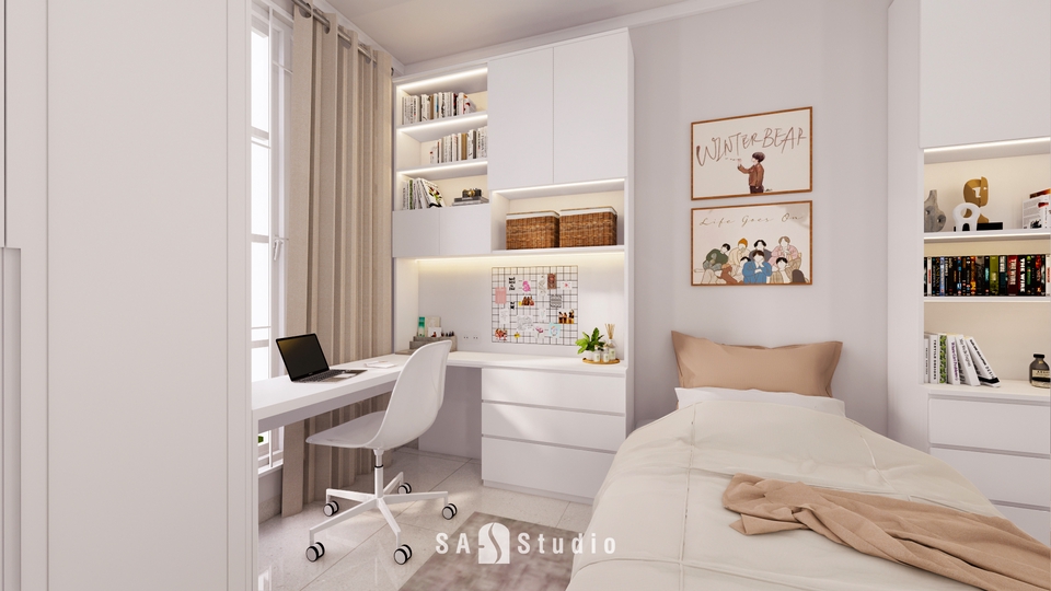 Desain interior ruang kerja minimalis dengan konsep modern dan fungsional, cocok untuk apartemen atau rumah kecil. Layanan desain interior profesional.