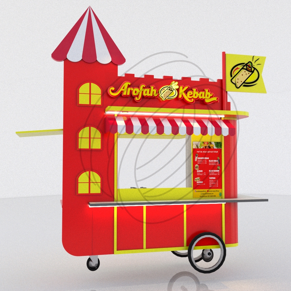 Jasa desain 3d mockup gerobak kebab Aroofah Kebab, desain gerobak kebab, desain gerobak makanan, desain gerobak unik, desain gerobak minimalis, desain gerobak makanan sederhana.