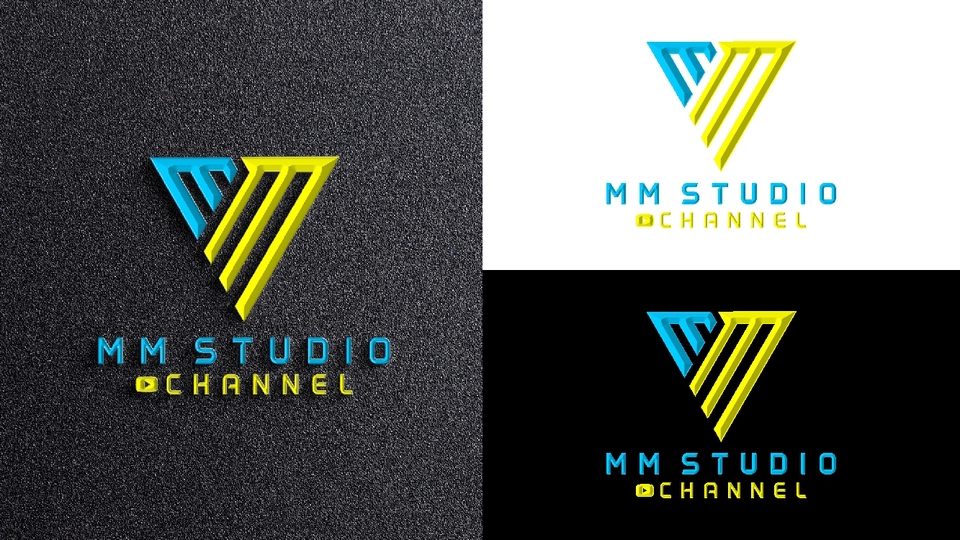 Desain logo MM Studio Channel, logo kreatif dengan kombinasi warna biru dan kuning