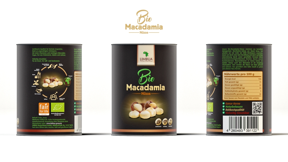 Kemasan Bio Macadamia Nut dari LIMBIA - desain label makanan unik untuk snack