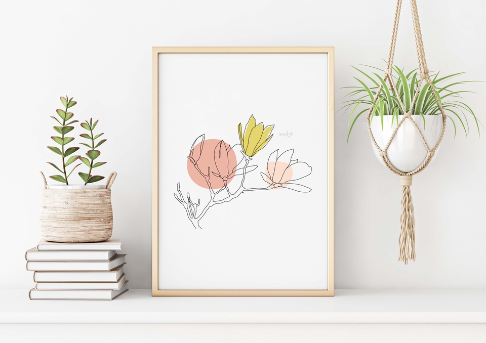 Ilustrasi bunga magnolia dengan warna kuning dan pink, desain minimalis dengan latar belakang putih. Cocok untuk dekorasi rumah atau kantor.