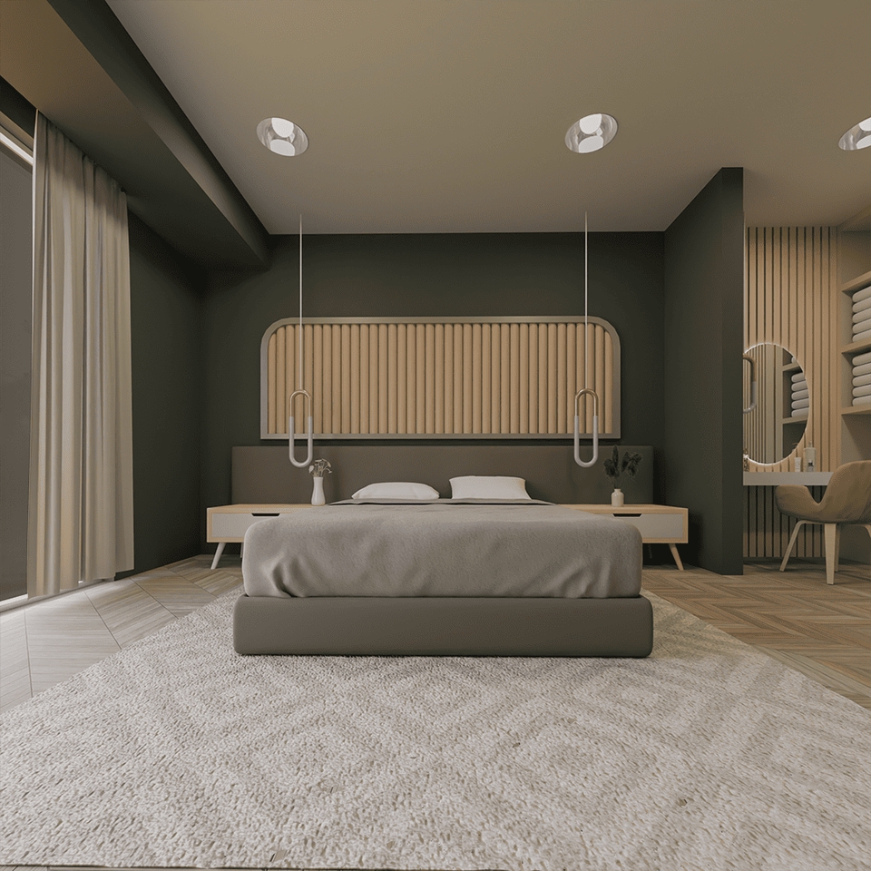 Desain Kamar Tidur Minimalis dengan Tempat Tidur Kayu dan Dinding Kayu.