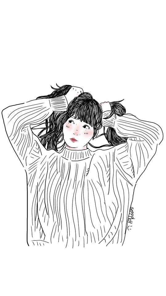 รับวาดภาพเหมือนการ์ตูน ผู้หญิงน่ารัก ยิ้มหวาน ผมยาว สีขาวดำ