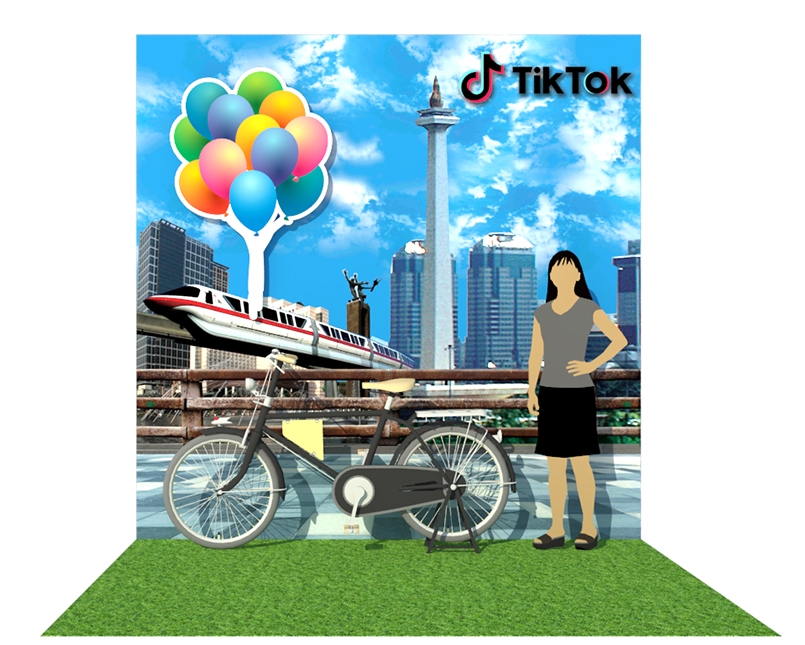 Jasa desain 3D untuk cafe minimalis dengan interior modern dan sepeda sebagai aksesoris.