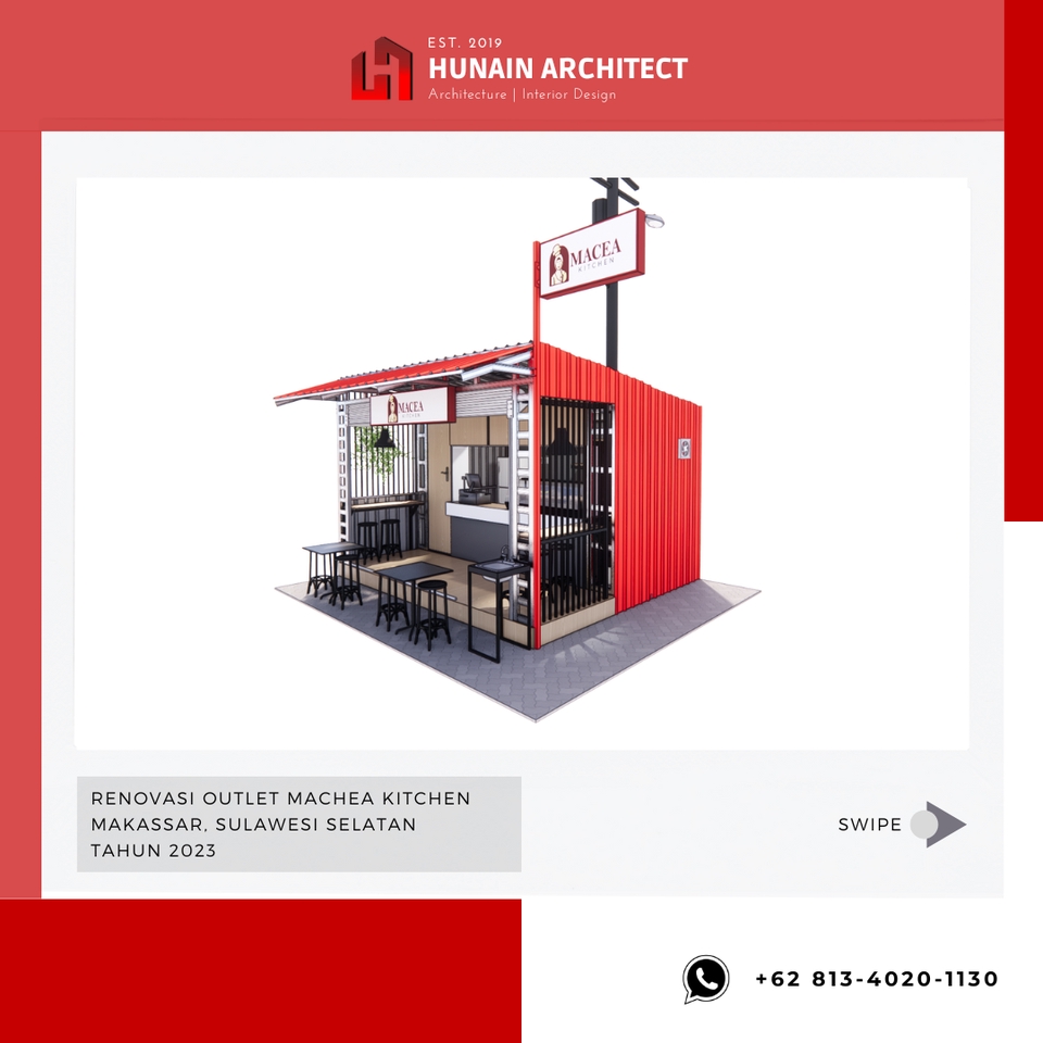 Jasa desain 3d cafe minimalis Makassar, desain eksterior kios makan modern, Hunain Architect. Renovasi outlet Machea Kitchen.