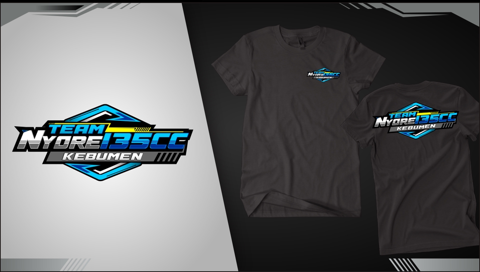 Jasa desain ilustrasi logo tim dengan desain grafis modern dan dinamis, menampilkan logo dengan tema sport racing dan nama tim "NYORE135CC KEBUMEN" dalam bentuk teks dengan efek 3D dan font bold, cocok untuk kaos tim, branding atau merchandise