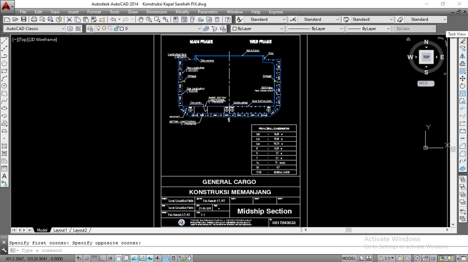 Jasa drafter autocad untuk pembuatan gambar konstruksi kapal general cargo midship section.