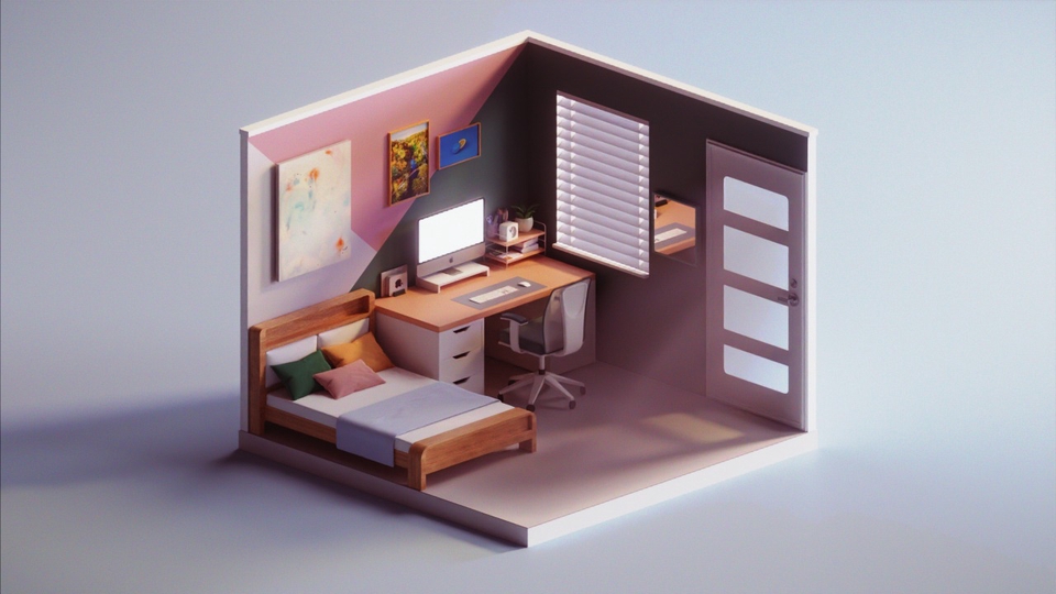 Jasa desain interior 3d untuk apartemen minimalis dengan desain tempat tidur dan meja kerja