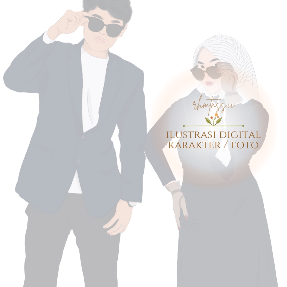 Jasa pembuatan karikatur freelance desain vektor wajah pria dan wanita dengan latar putih.