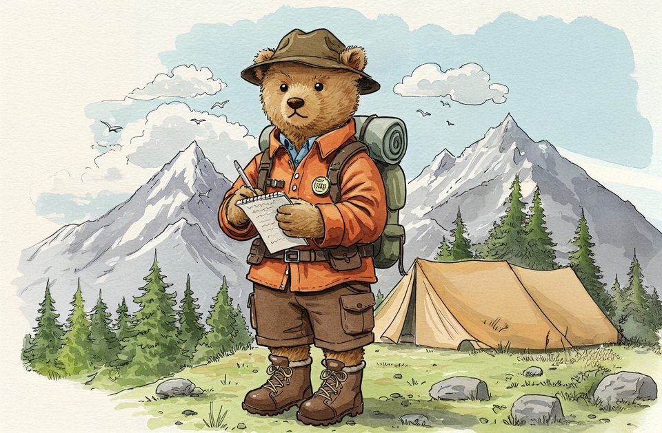 Ilustrasi kartun beruang lucu sedang mendaki gunung dengan membawa ransel dan buku catatan