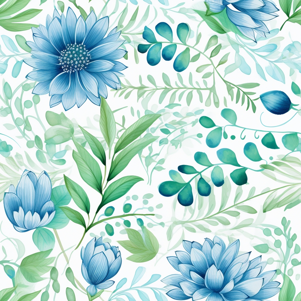 รับวาดภาพประกอบ ดอกไม้สีฟ้า ใบไม้สีเขียว Watercolor