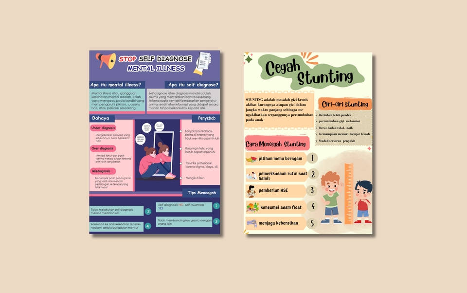 Infografis mengenai cara mencegah stunting dan bahaya self diagnosis penyakit mental