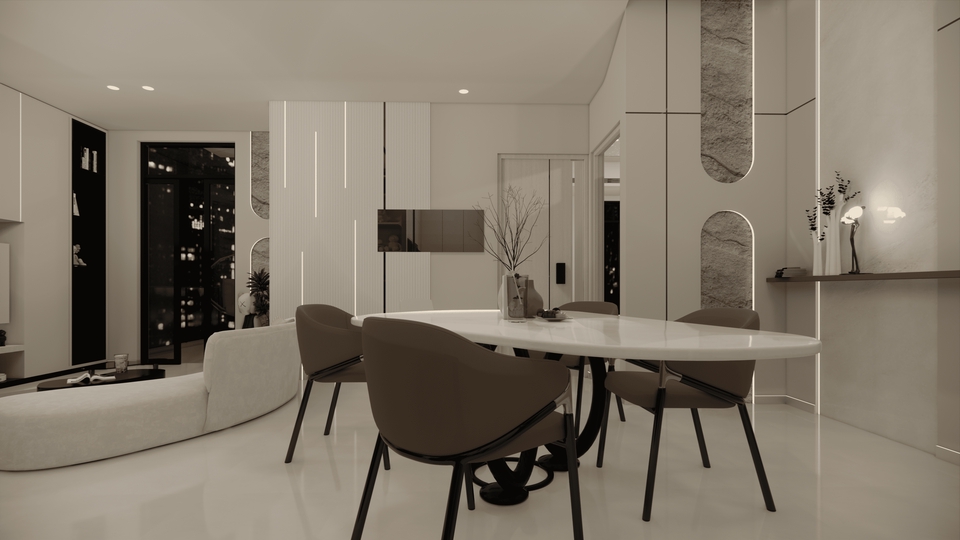 Desain interior ruangan makan minimalis dengan konsep modern dan elegan.