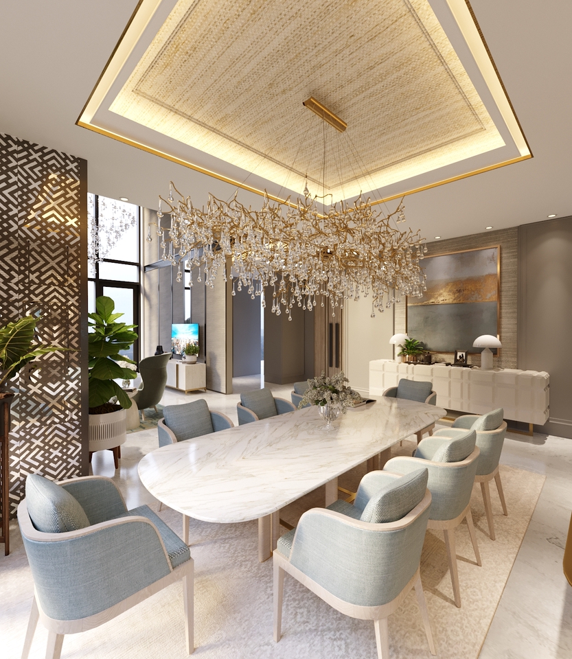 Desain interior ruang makan mewah dengan lampu gantung kristal dan meja makan marmer putih, jasa desain interior rumah, desain interior apartemen, desain rumah minimalis, desain interior kantor.