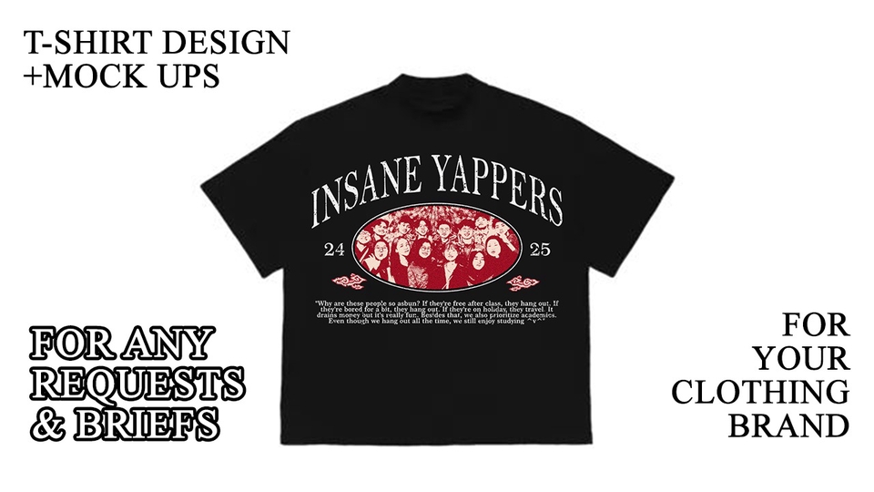 Desain kaos dengan motif Insane Yappers, cocok untuk distro dan brand clothing.