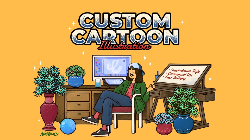 Jasa ilustrasi kartun lucu, desain gambar hewan, ilustrasi digital online, pembuatan vector, sketsa karakter, ilustrasi makanan, filter instagram lucu.