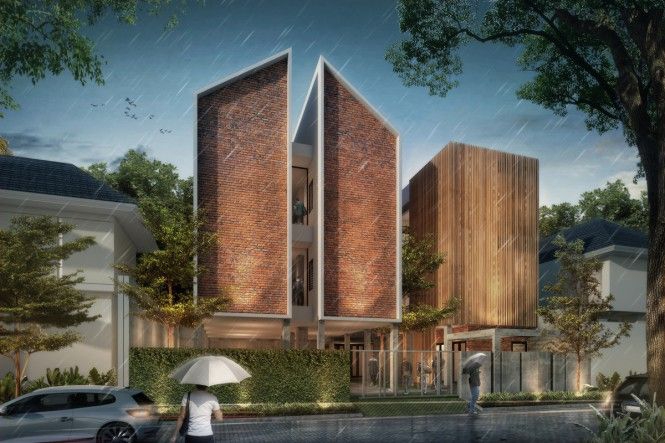 Jasa desain eksterior 3D rumah minimalis modern dengan kolam renang dan taman.