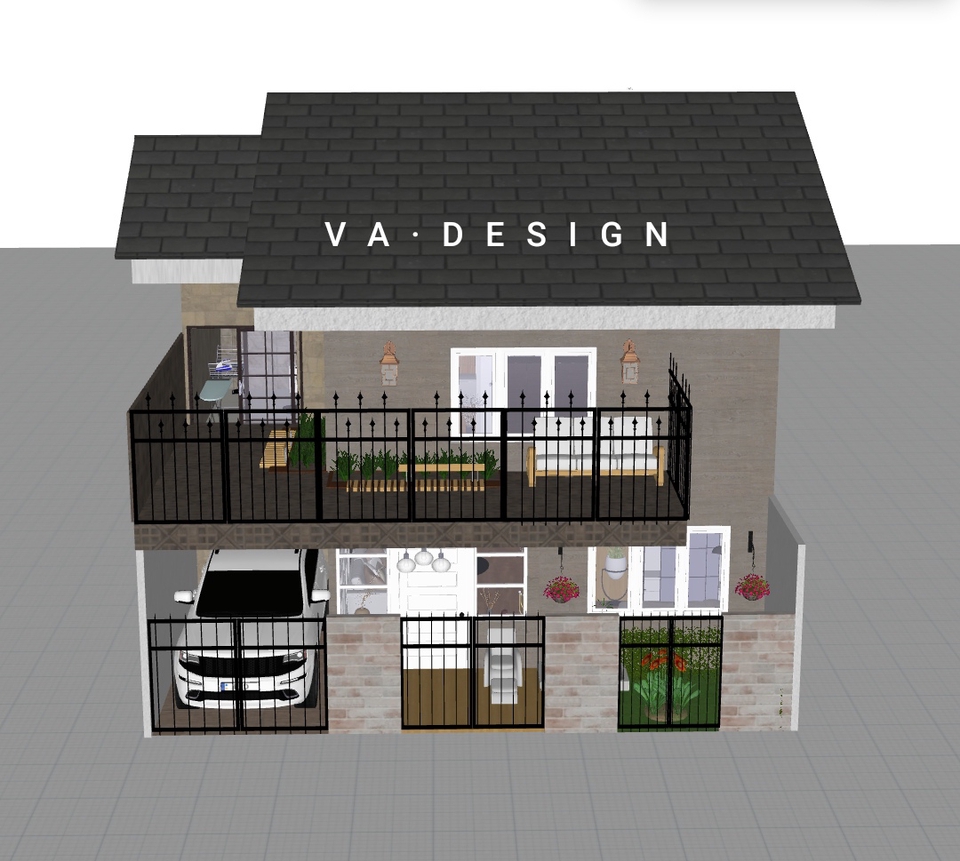 Desain rumah minimalis modern dengan balkon dan taman kecil di depan.