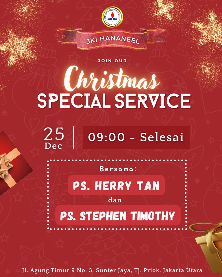 Kartu undangan natal special service di JKI Hananeel dengan PS. Herry Tan dan PS. Stephen Timothy 25 Desember 2023 pukul 09.00 - selesai