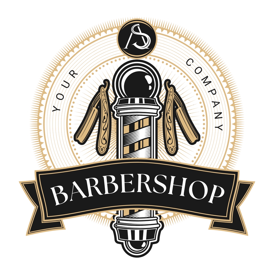 Logo barbershop dengan desain vintage dan pisau cukur, cocok untuk usaha barbershop profesional.