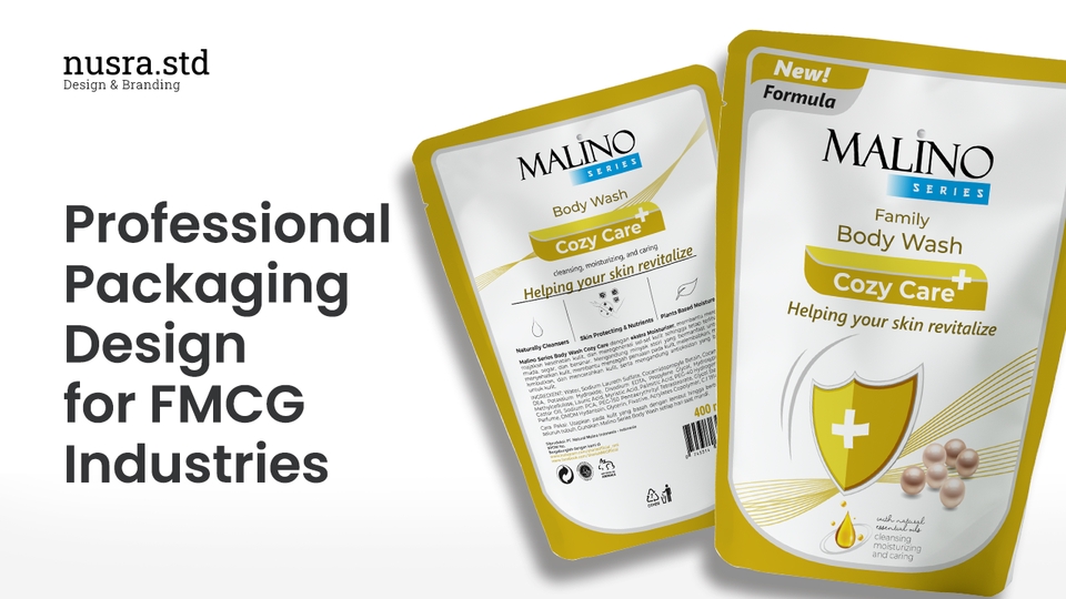 Jasa desain kemasan produk body wash dengan desain label yang unik dan menarik untuk branding produk FMCG