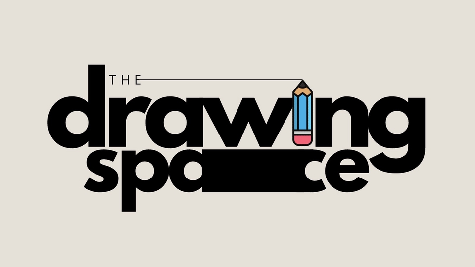 Desain logo "The Drawing Space" dengan pensil biru dan hitam