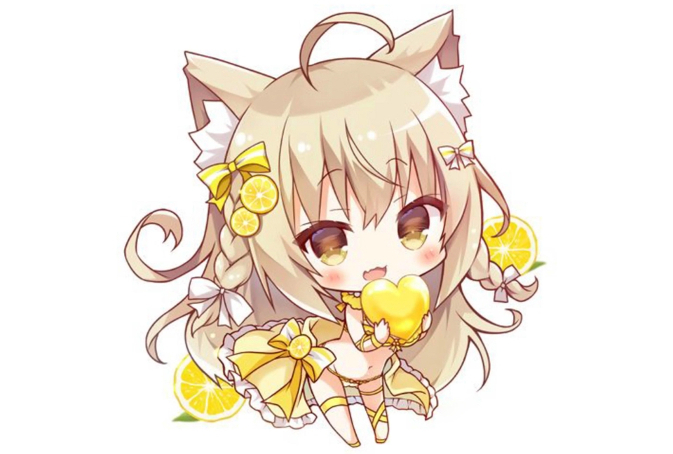 Ilustrasi kartun lucu kucing imut dengan rambut kuning sedang memegang hati, cocok untuk keperluan desain grafis dan ilustrasi.